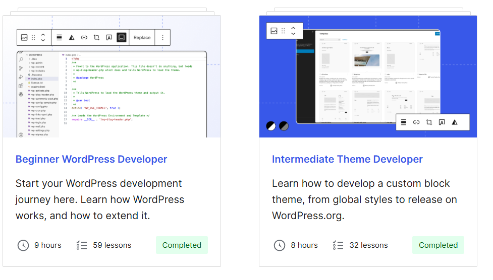 Image showing two educational course cards for WordPress development: one for 'Beginner WordPress Developer' and one for 'Intermediate Theme Developer', each with hours, lessons, and completion status.