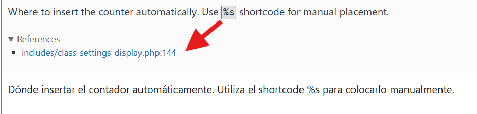 Screenshot of a settings interface displaying instructions for inserting a counter automatically, with a highlighted link to the reference file.